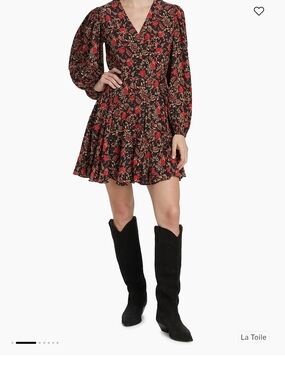 RHODE Black Mini Dress with Red and Tan Floral Motif